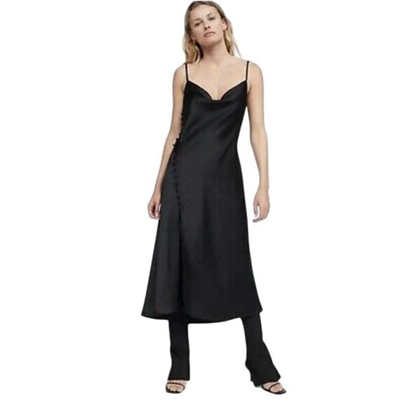 Womens‎ S Zara Black Satin Slip Maxi Dress Spaghetti Strap Side Slit Festival - Picture 2 of 6